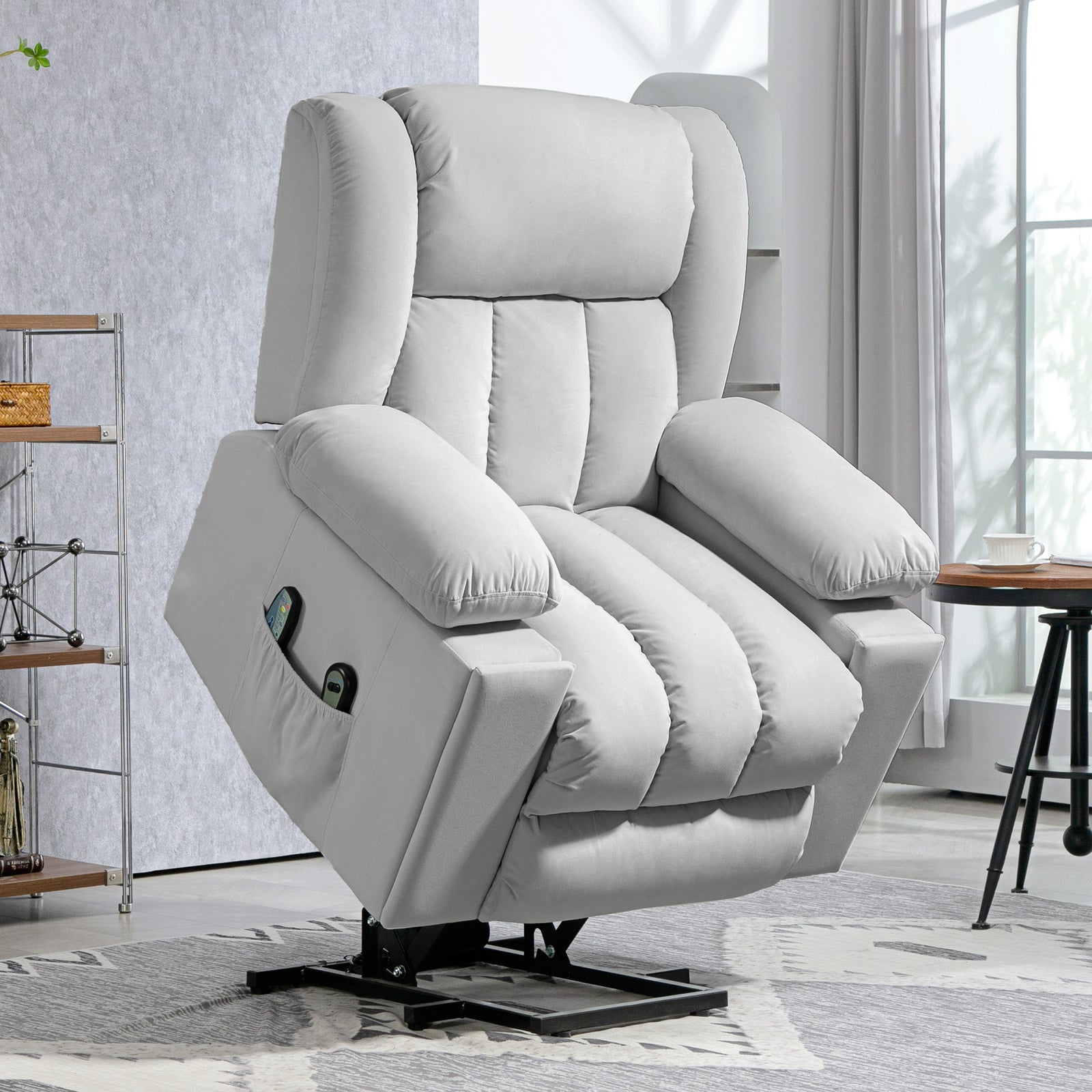 Velvet-Feel Electric Riser, Recliner and Massage Armchair - Light Grey