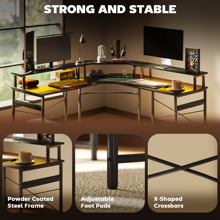 L' Shaped Work Desk, with LED Lights - Black