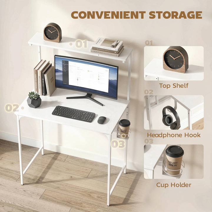 Computer Desk, 80cm Home Office Study Table with Hutch Shelf, Cup Hold