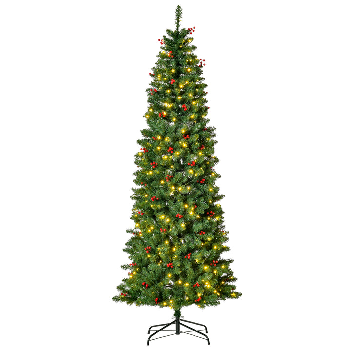 HOMCOM 7FT Prelit Artificial Pencil Christmas Tree with Warm White LED Light, Red Berry, Holiday Home Xmas Decoration, Green | Aosom UK