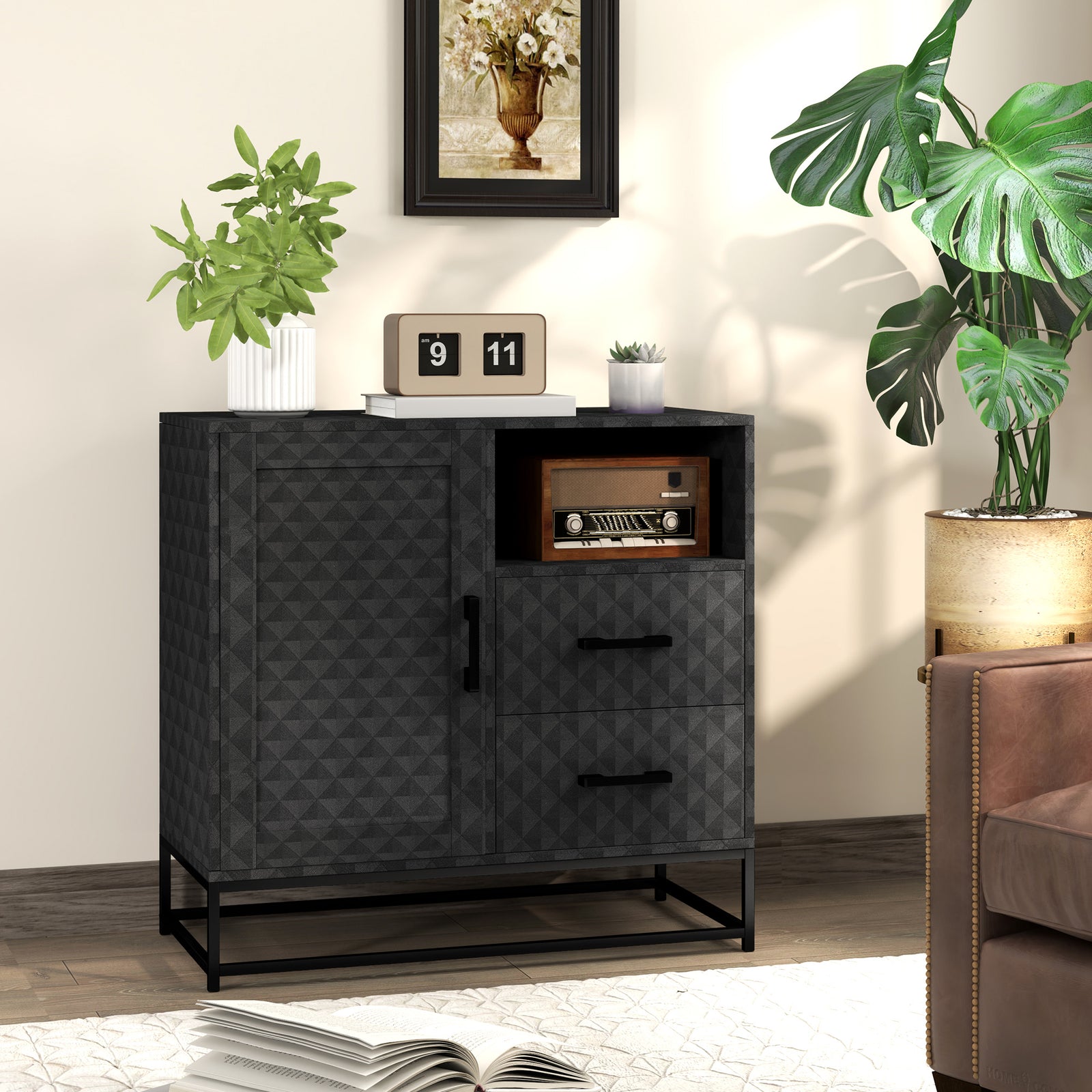 Sideboard with Adjustable Shelf, Freestanding Sideboard Storage Cabinet with Open Compartment and 2 Drawers, Black