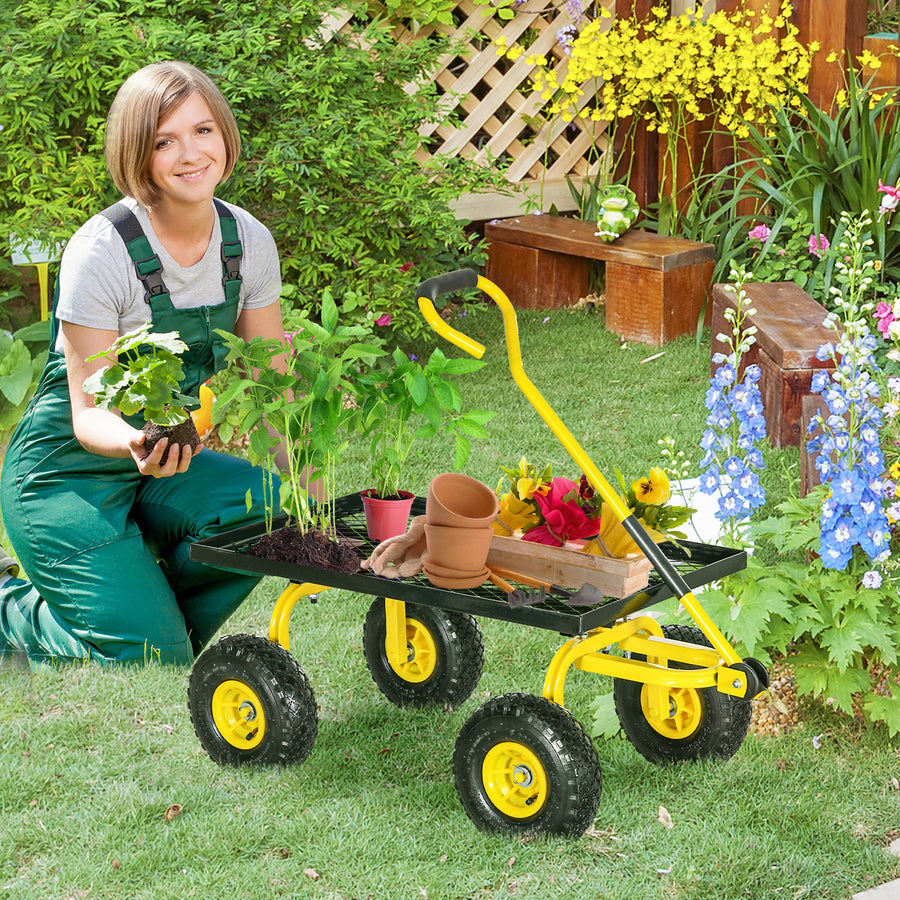 Garden Trolley Cart, Heavy Duty Garden Cart with Metal Frame, 10" Pneumatic Wheels, Rotating Handle, 150kg Capacity, for Garden, Farm, Yellow