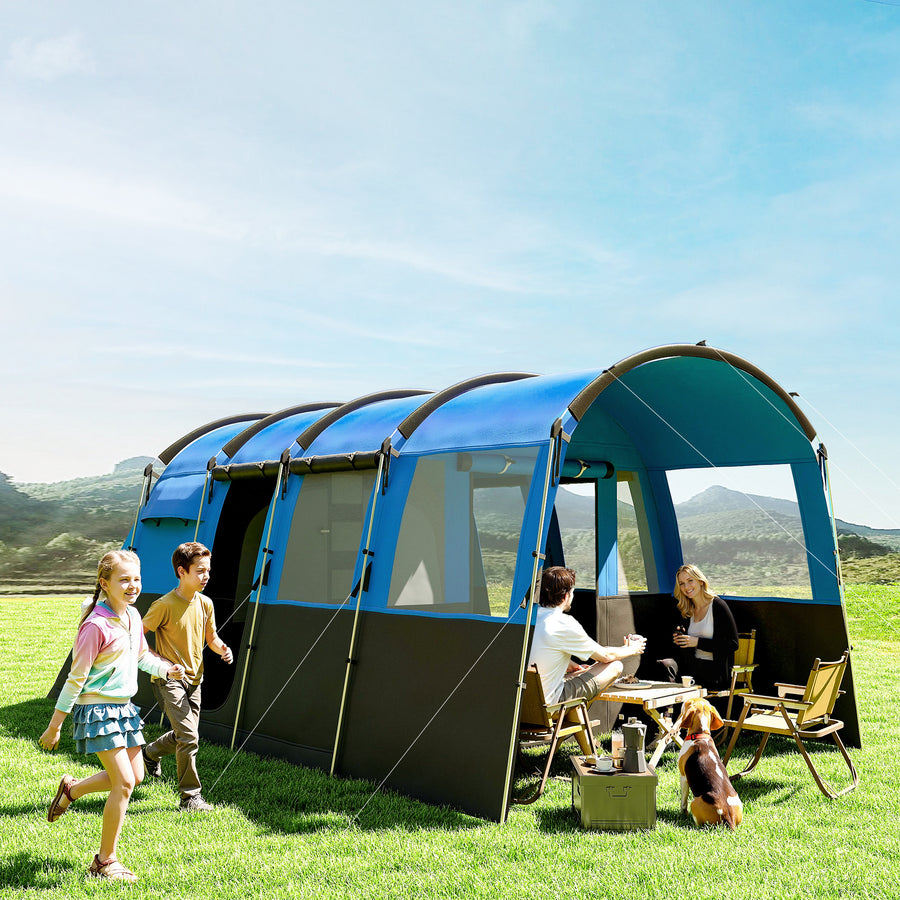 8-Person Camping Tent, Waterproof Family Tent, Tunnel Design, 4 Large Windows, Sleeping Cabins 3000mm Water Column Blue