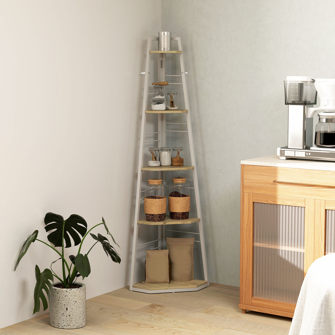 Five-Tier Corner Shelf - White/Wood-Effect