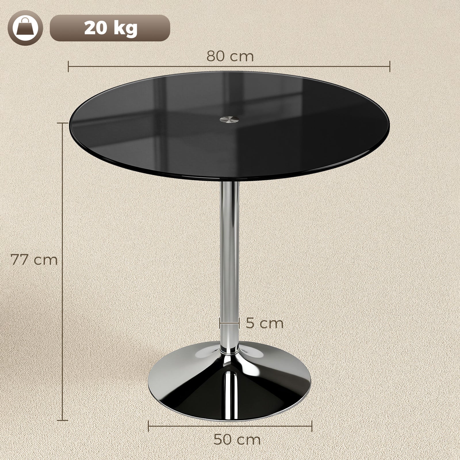 Round Bar Table, Modern Dining Table with Tempered Glass Top and Steel