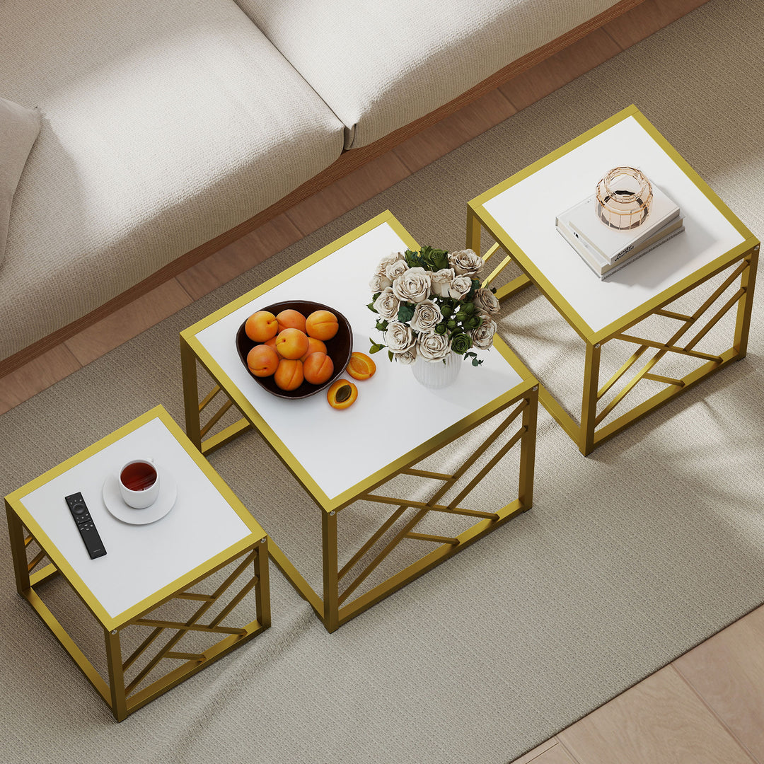 Nesting Coffee Tables, Set of 3 Square Side Tables with Gold Metal Fra