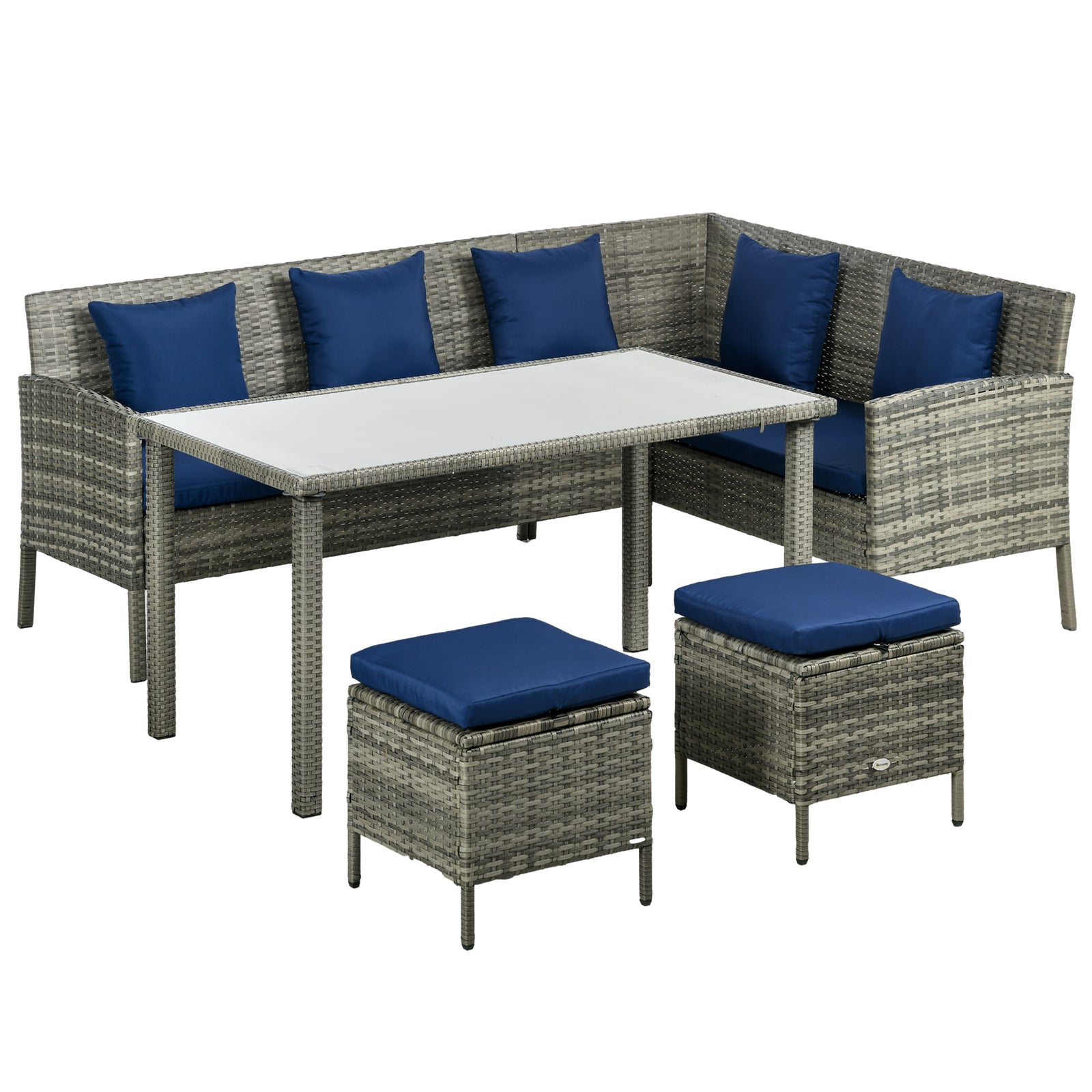 5 Pieces Rattan Garden Furniture Set with Dining Table, Cushions - Dark Blue