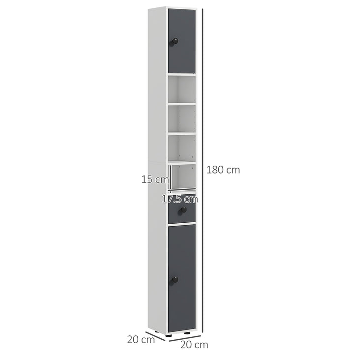 180cm Slim Bathroom Cabinet, with Drawer, Shelves and Cupboards - Grey