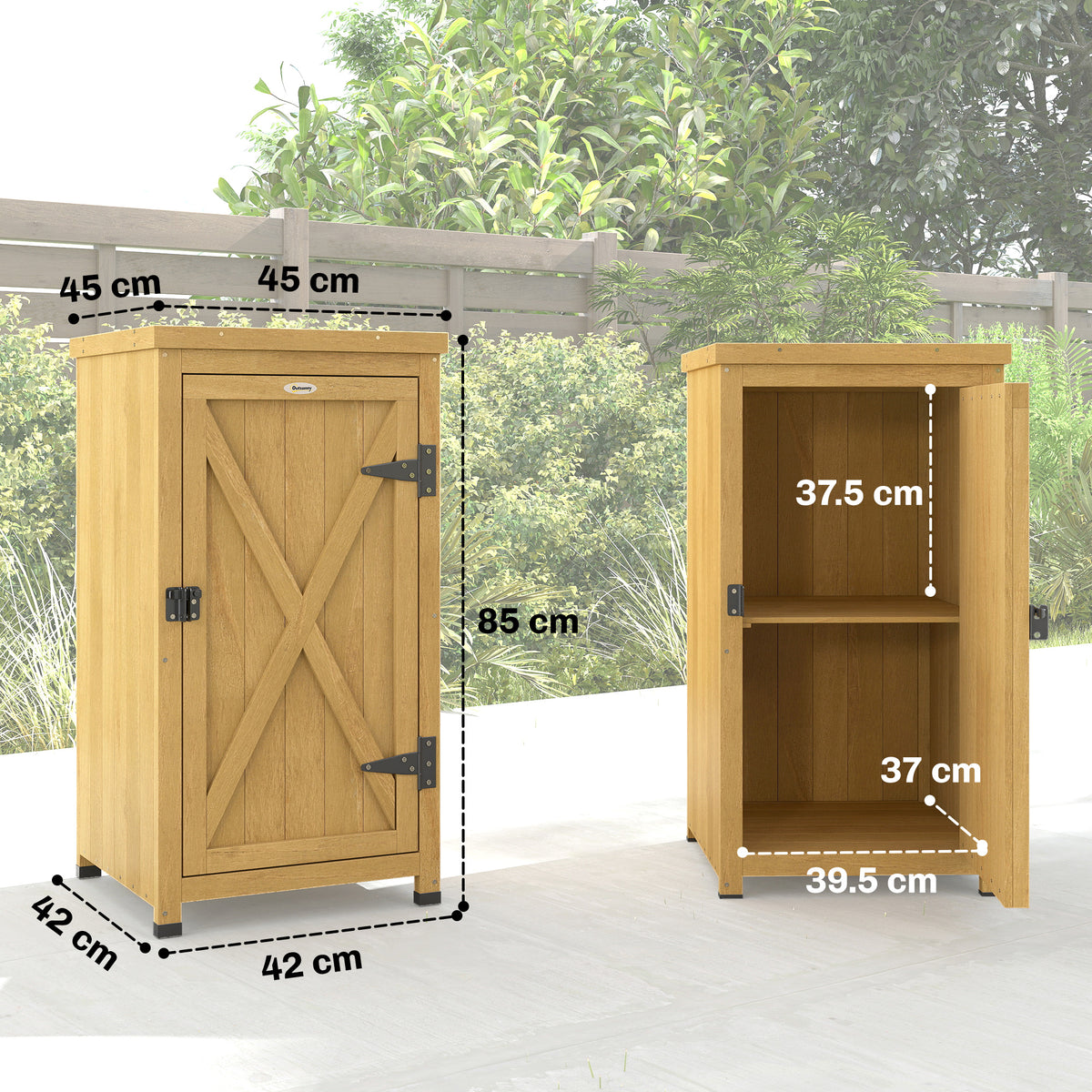 Wooden Garden Shed, Garden Tool Storage Shed with Metal Top and Shelf,