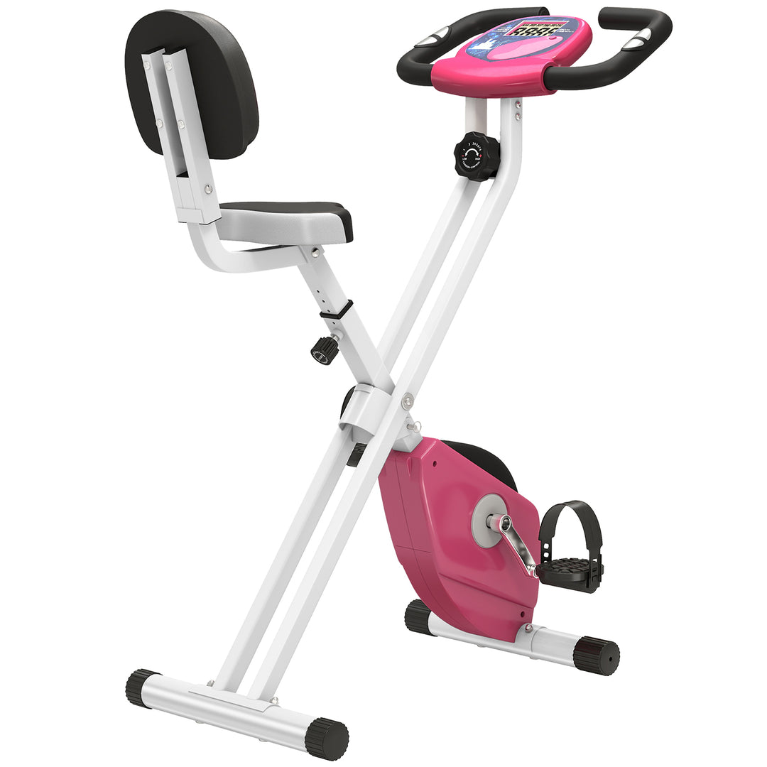 MCL Folding Exercise Bike, Fitness Bicycle Indoor Trainer, 8-Level Magnetic Resistance Adjustable, with LCD Monitor, Pulse Sensor, Pink