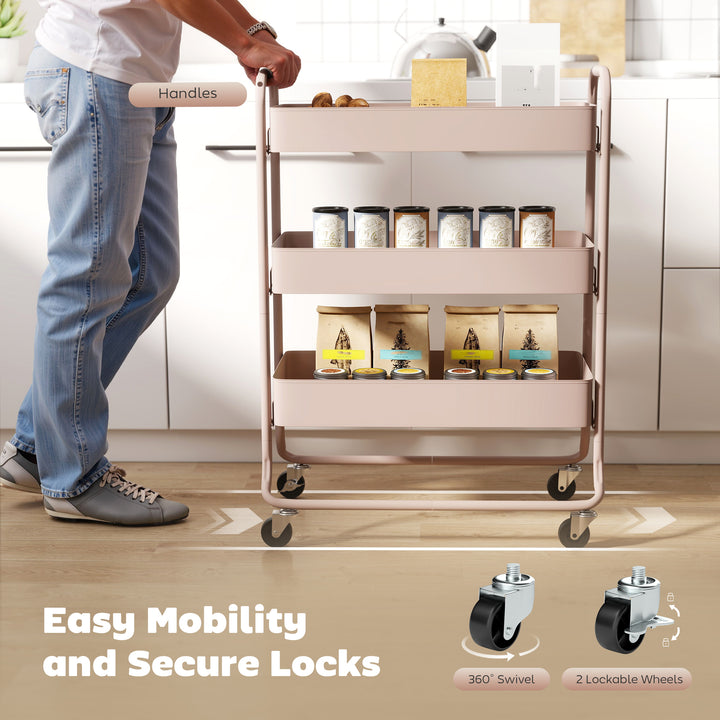 3-Tier Storage Trolley on Wheels, Rolling Utility Cart with Mesh Backets for Kitchen, Bathroom, Bedroom
