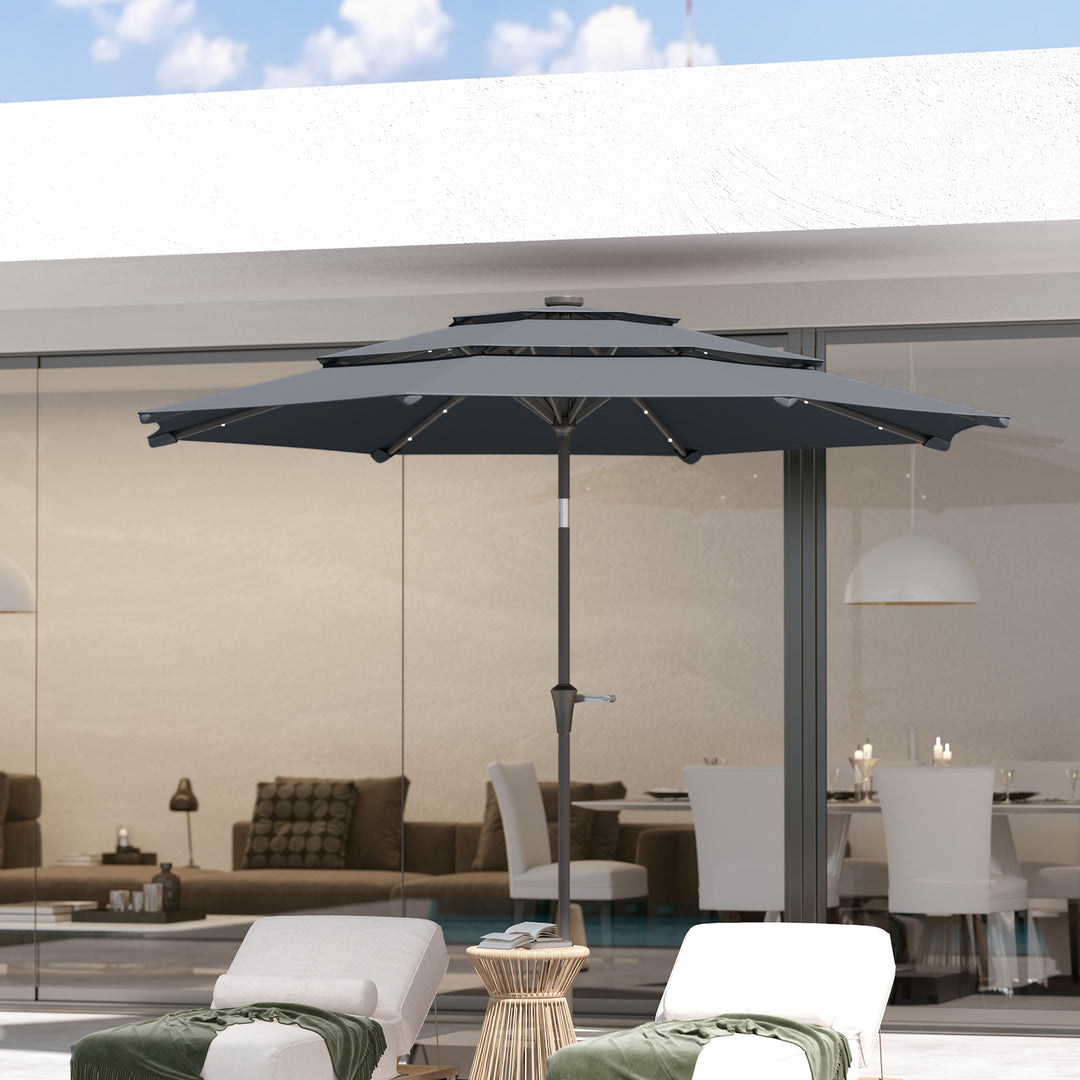 3-Tier Garden Parasol with Solar LED Lights, UPF 30+, Tilt Mechanism & Crank Handle, for Market Terrace, Dark Grey