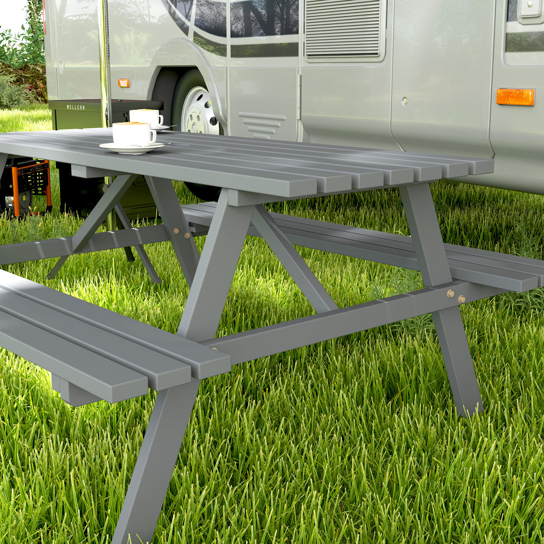 6 Seater Wooden Picnic Table Bench for Outdoor Garden or Patio with Parasol Cutout 150 cm Grey