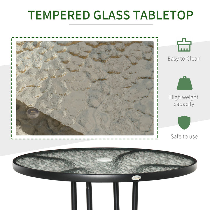 Outdoor φ80cm Round Dining Table Tempered Glass Top Steel Frame Bistro Coffee End Side Table Garden w/ Parasol Hole