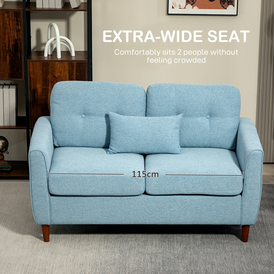 2 Seater Sofa with Spring Cushion, Fabric Sofa with Wooden Legs, Modern Love Seat for Living Room, 140cm Width Tufted Couch for Bedroom, Light Blue