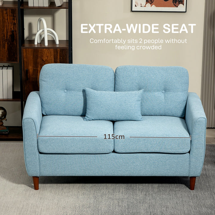 2 Seater Sofa with Spring Cushion, Fabric Sofa with Wooden Legs, Modern Love Seat for Living Room, 140cm Width Tufted Couch for Bedroom, Light Blue