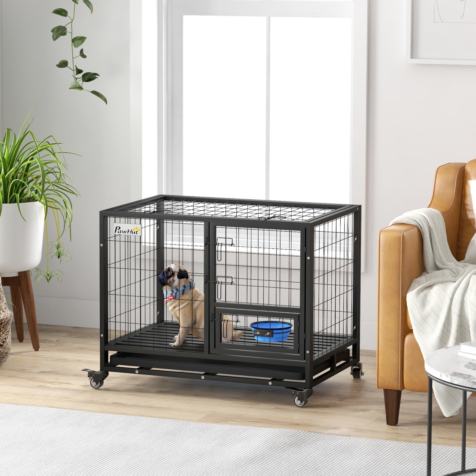 Heavy Duty Dog Crate on Wheels w/ Bowl Holder, Removable Tray, Openable Top, Detachable Door, for M, L Dogs