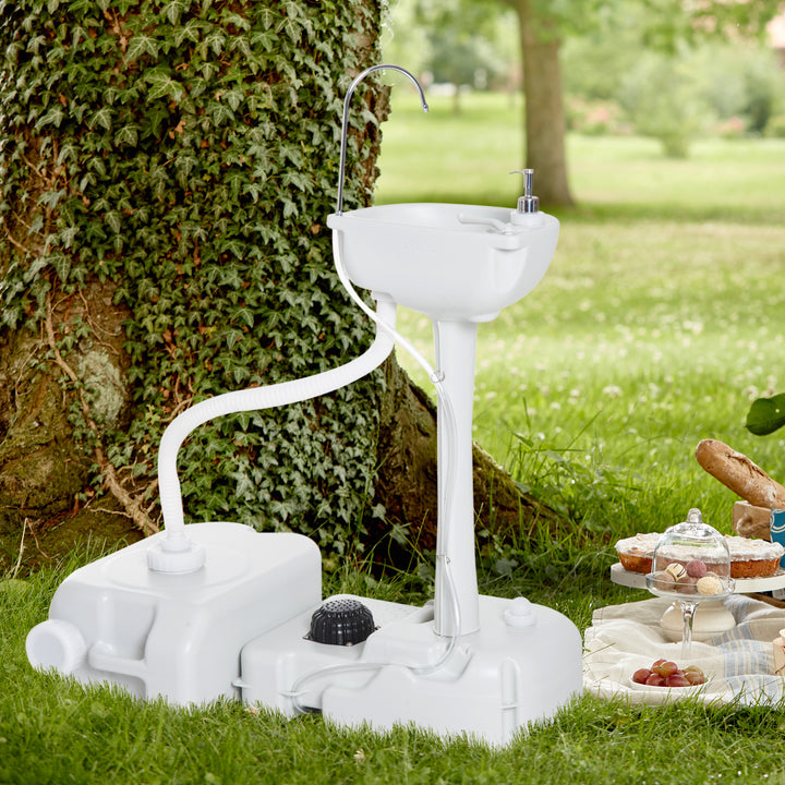 Portable Camping Sink with Running Water and Wastewater Tank, Hand Wash Basin with Rolling Wheels, Foot Pump, Soap Dispenser for Outdoor Events, Gatherings, Picnic