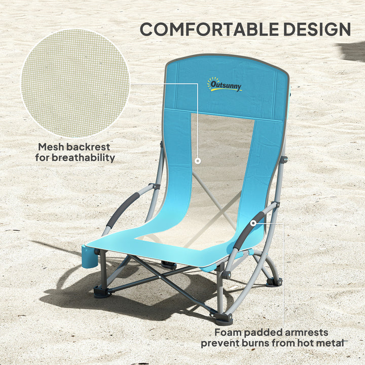 Set of 2 Folding Beach Chair, Low Camping Chair with Mesh Back, Carry Bag and Cup Holder for Garden Outdoor Picnic Festival Travel, Blue