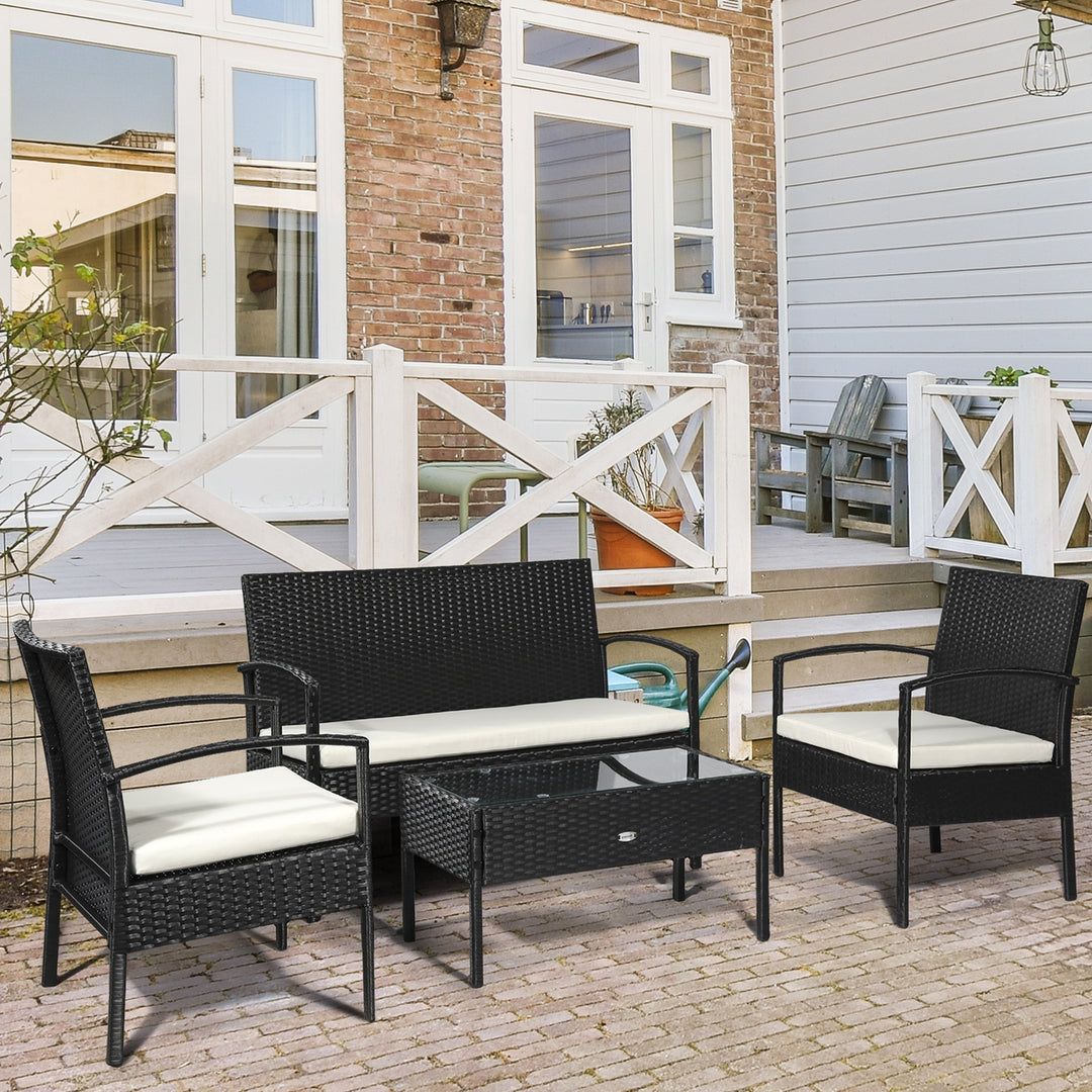 4 Pieces Rattan Garden Furniture Set, 4 Seater Garden Sofa Set with Loveseat, Armchairs and Glass Top Table, Wicker Conservatory Furniture with Cushions for Patio, Balcony, Black