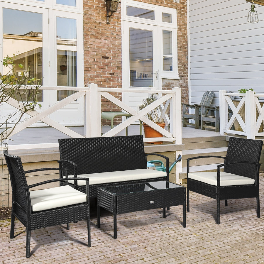 4 Pieces Rattan Garden Furniture Set, 4 Seater Garden Sofa Set with Loveseat, Armchairs and Glass Top Table, Wicker Conservatory Furniture with Cushions for Patio, Balcony, Black