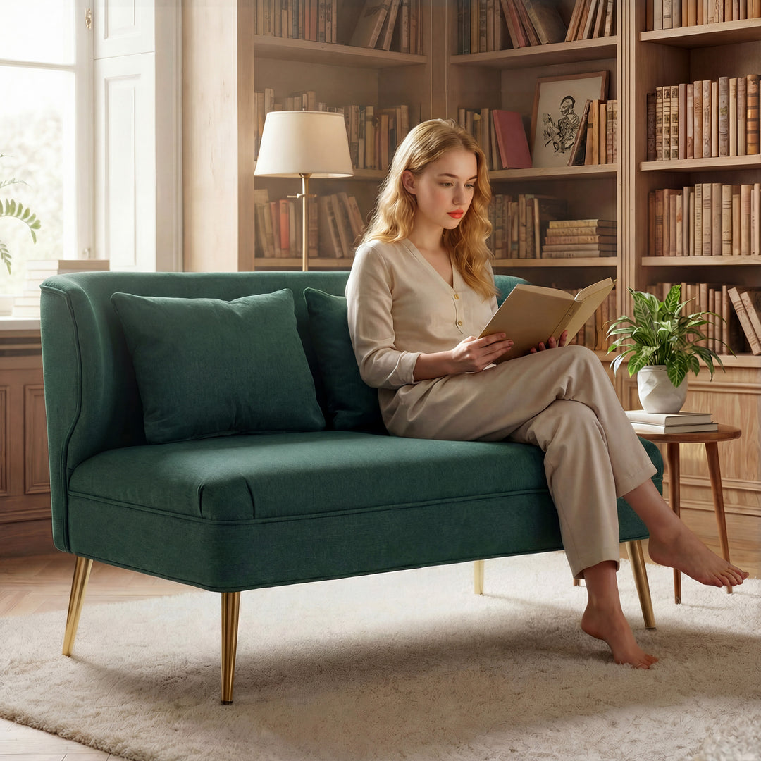 2 Seater Sofa, Linen-look Fabric Small Sofa with Wing Back, Thick Seat, Metal Legs
