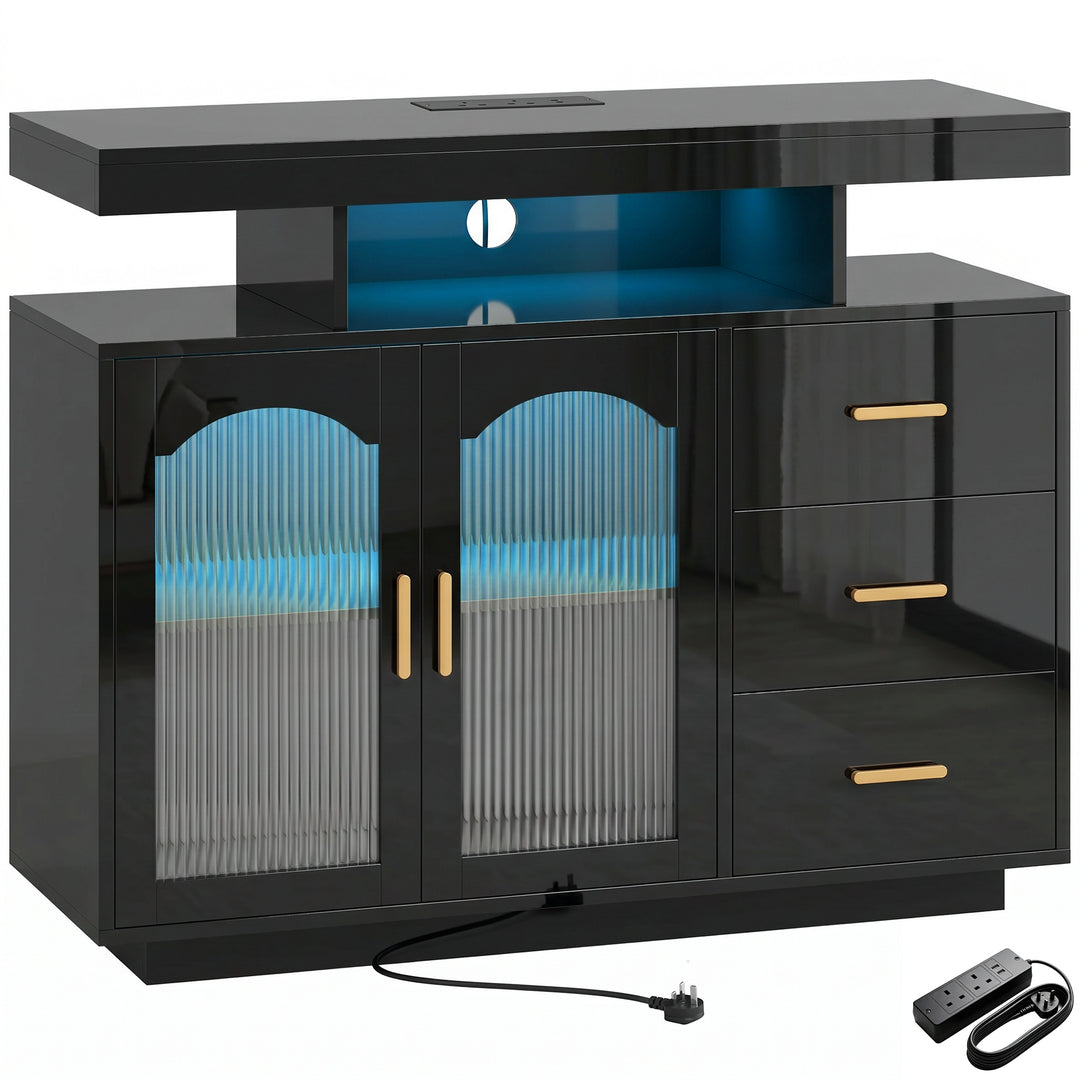 High Gloss Sideboard with LED Lights, Built-in Power Outlets, 3 Drawer