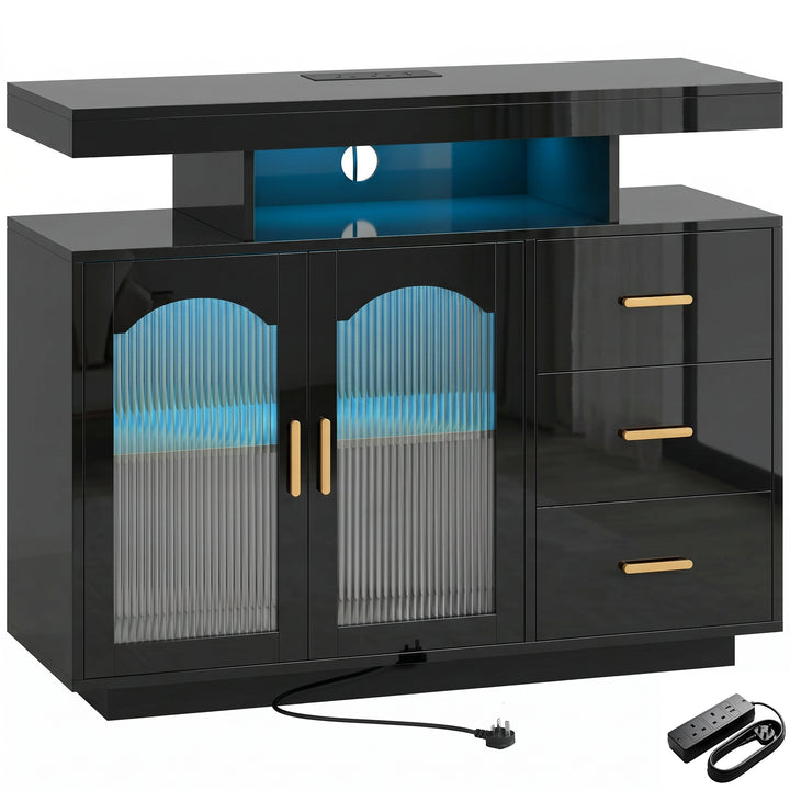 High Gloss Sideboard with LED Lights, Built-in Power Outlets, 3 Drawer