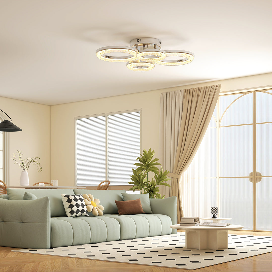 HOMCOM LED Ceiling Light, Modern 4 Rings Ceiling Lamp with Wall Switch Control, 40W 4350lm Flush Mount Ceiling Light with 3500K/4500K/6000K Colour Temperatures for Living Room, Bedroom, Silver Tone