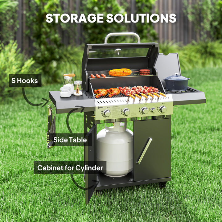 4+1 Burner Gas BBQ Grill with Clear View Lid, Portable Gas Barbecue Grill with Built-in Thermometer, Side Table, Cabinet, Wheels, Grease Tray for Garden Party Outdoor Cooking, Black
