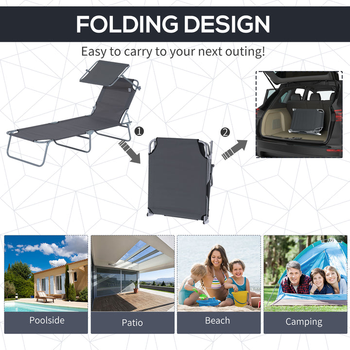 Outdoor Foldable Sun Lounger, 4 Level Adjustable Backrest Reclining Sun Lounger Chair with Angle Adjust Sun Shade Awning for Beach, Garden, Patio, Grey