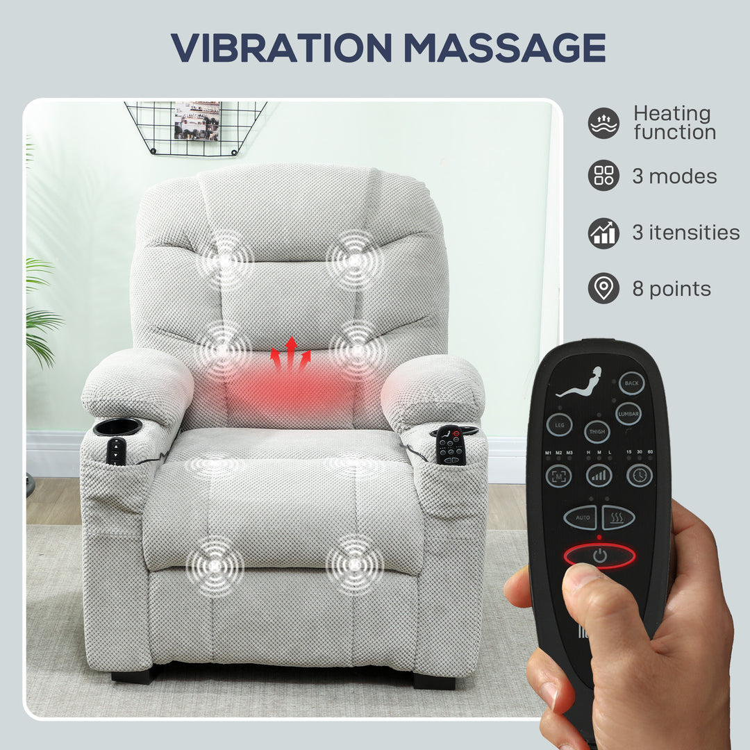 Electric Massage Recliner Armchair with Vibration, Heat, Whisper-Quiet Motor, Memory Function, Fleece Power Reclining Chair with Spring Pack, USB Port, Footrest, Side Pocket, Cup Holders