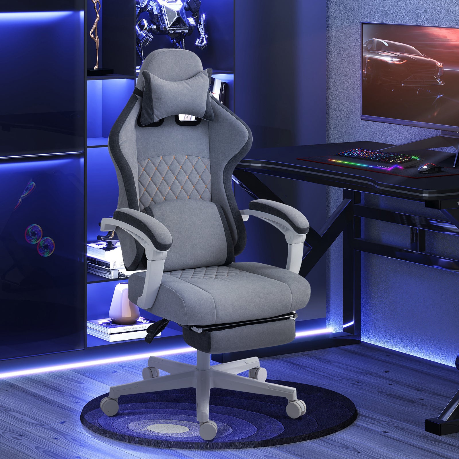 Ergonomic High Back Gaming Chair for Adults, Printed Velvet Computer Recliner Chair with Footrest, Lumbar Support, Adjustable Height and 360° Swivel Seat for Office or Gaming, Grey