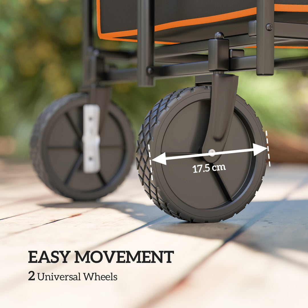 160L Festival Trolley on Wheels, Folding Camping Trolley Cart w/ Tailgate, 100kg Heavy Duty Garden Collapsible Folding Wagon w/Adjustable Handle, Carry Bag for Beach Picnic, Black and Orange