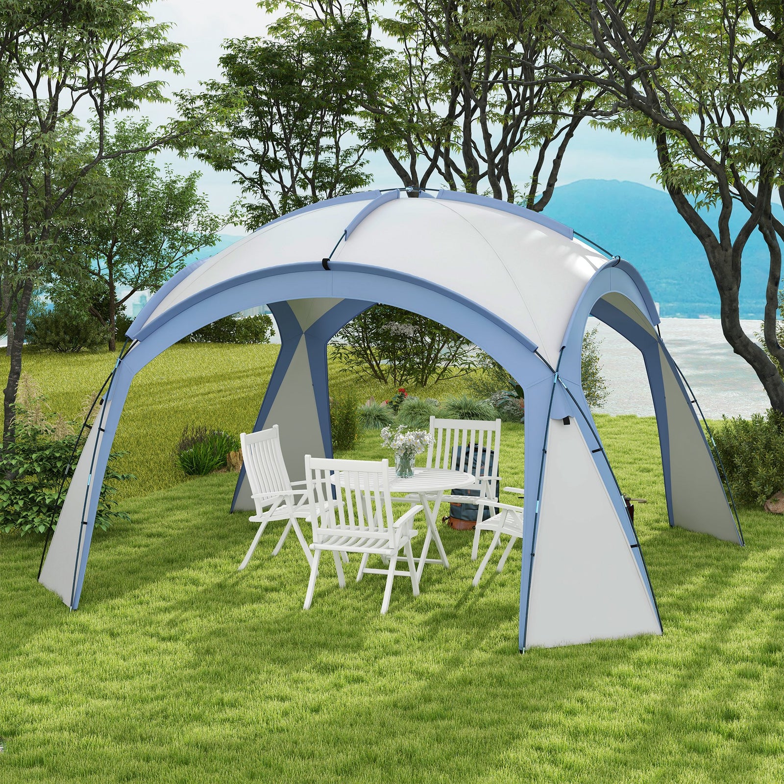3.5 x 3.5M Camping Gazebo, Outdoor Event Shelter Dome Tent Garden Sun Shelter Patio Spire Arc Pavilion Camp Sun Shade Tent for 6-8 Person, Light Blue