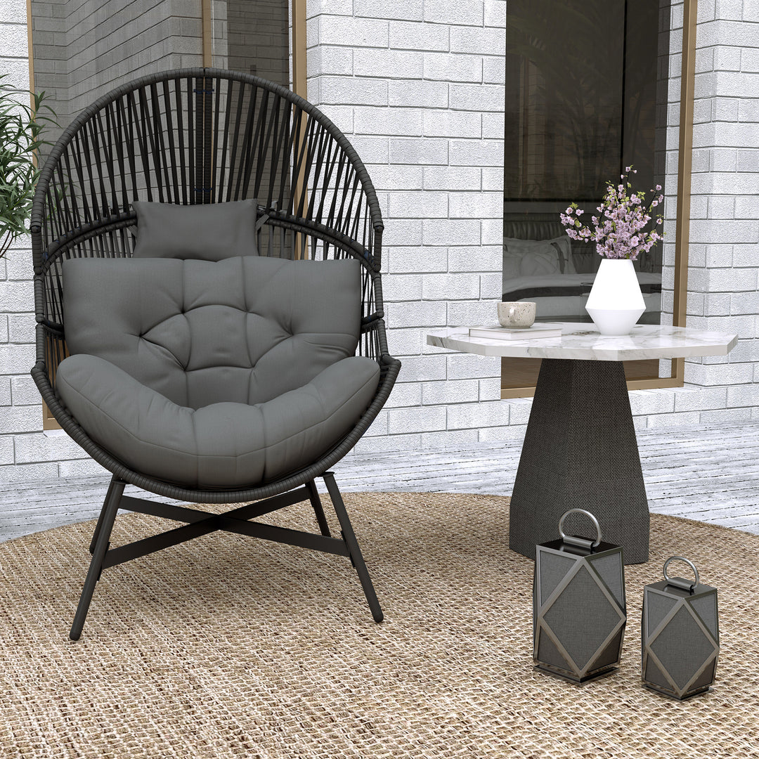 Rattan Egg Chair, Oversized Freestanding Garden Egg Chair with Thick Tufted Cushion, Headrest, Steel Frame for Indoor and Outdoor Use, Charcoal Grey