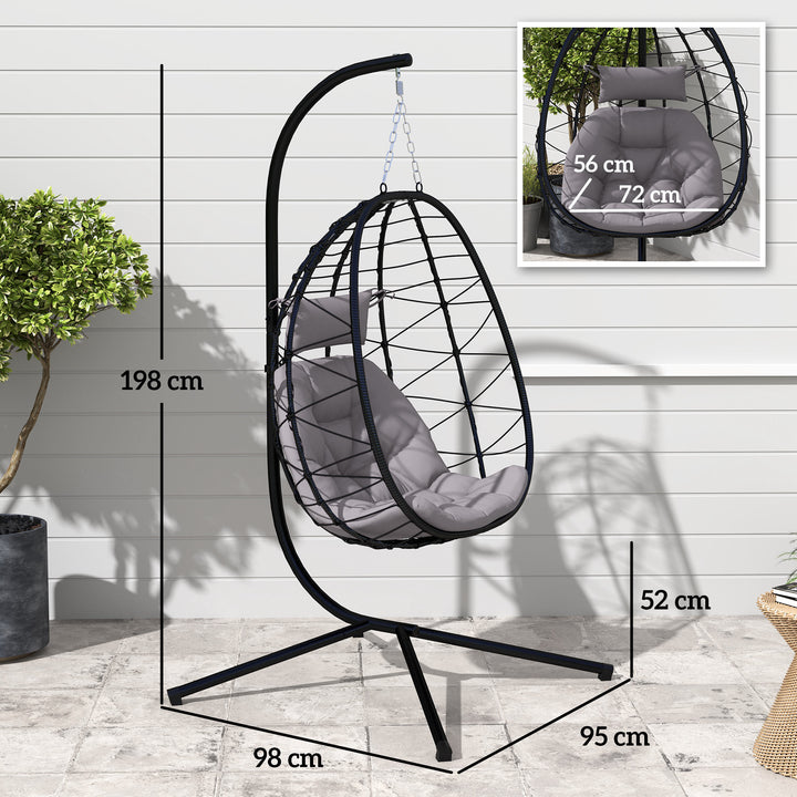 Hanging Egg Chair Outdoor Indoor Garden Swing Chair with Folding Basket, Thickened Cushion, Garden Hanging Chair with Stand, Headrest for Patio, Balcony, Grey