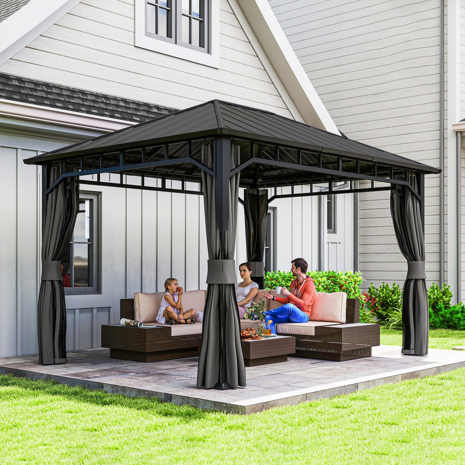 3 x 4m Hardtop Gazebo with Galvanised Steel Roof and Water Gutter, Waterproof Permanent Pavilion Garden Gazebo with Netting and Curtains for Patio, Deck