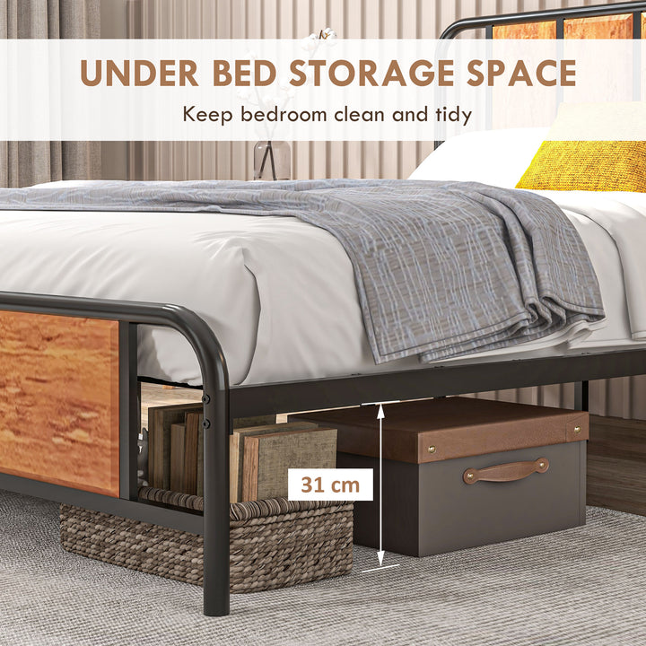 5.2ft King Bed Frame with Industrial Wood Headboard, Steel Slat Support and 31cm Underbed Storage Space, 160 x 207cm, Rustic Brown
