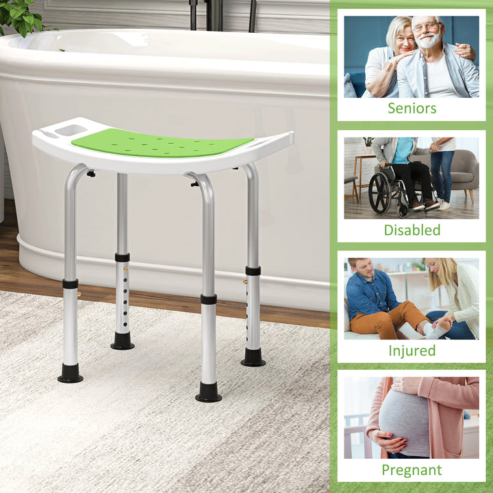 HOMCOM 6-Level Height Adjustable Aluminium Bath Room Stool Chair Shower Non-Slip Design w/ Padded Seat Drainage Holes Foot Pad, Green | Aosom UK