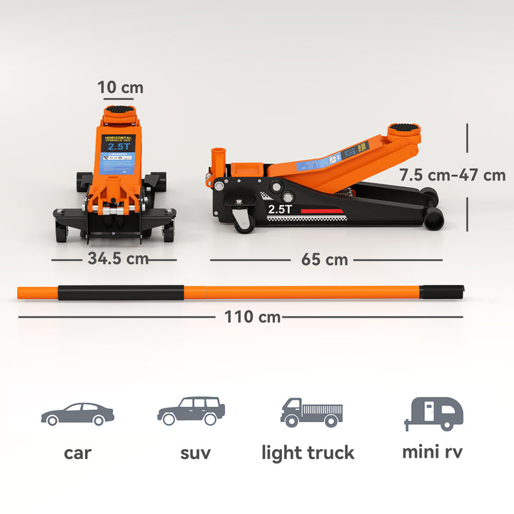 2.5 Ton Hydraulic Low-Profile Floor Jack, with 7.5-47cm Lifting Range, Wheels, Orange