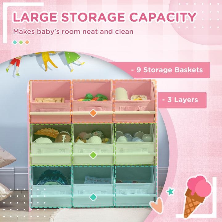 ZONEKIZ 3-Tier Storage Rack Toy Storage Organizer with 9 Removable Bins & Smooth Edges, for Playroom, Nursery and Kids Room, Pink | Aosom UK