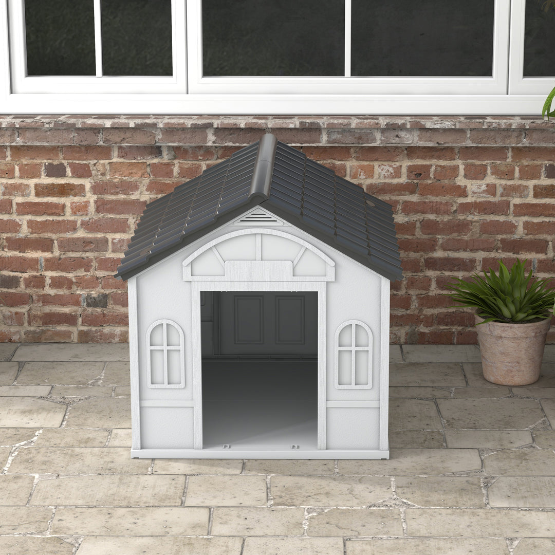 PawHut Durable Plastic Doghouse: Weatherproof Outdoor Pet Haven, Easy-Clean Sanctuary, Grey | Aosom UK