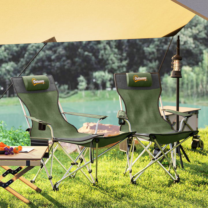Set of 2 Reclining Folding Camping Chair w/ Detachable Footrest, Storage Bag, Cup Holder & Headrest, Lightweight Portable Camp Chair for Beach, Picnic, Olive Green and Grey