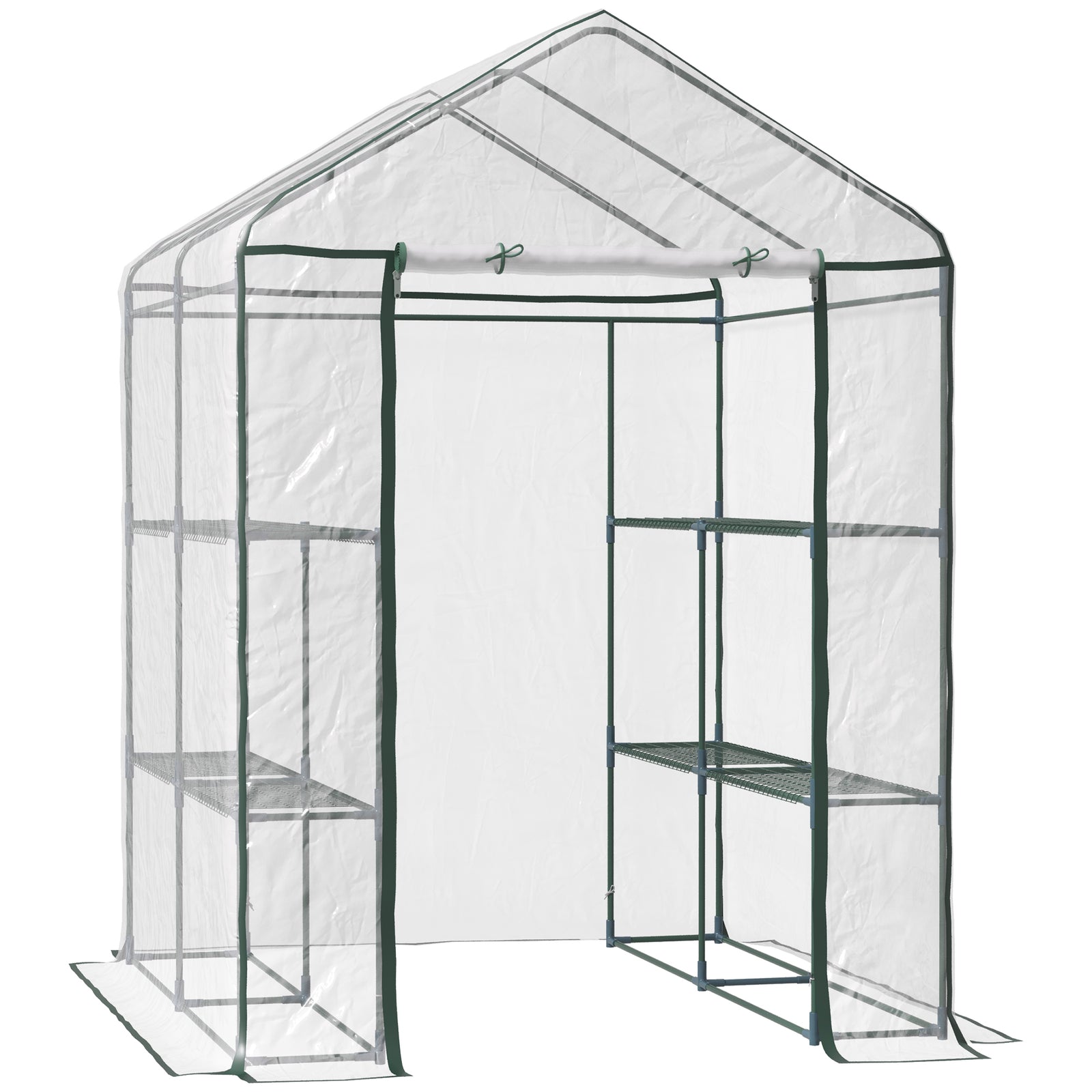 Walk in Greenhouse with 3-Tier 8 Shelves, Green House with Hemmed Cover, Roll-up Zipped Door, Steel Frame, 143 x 143 x 195cm