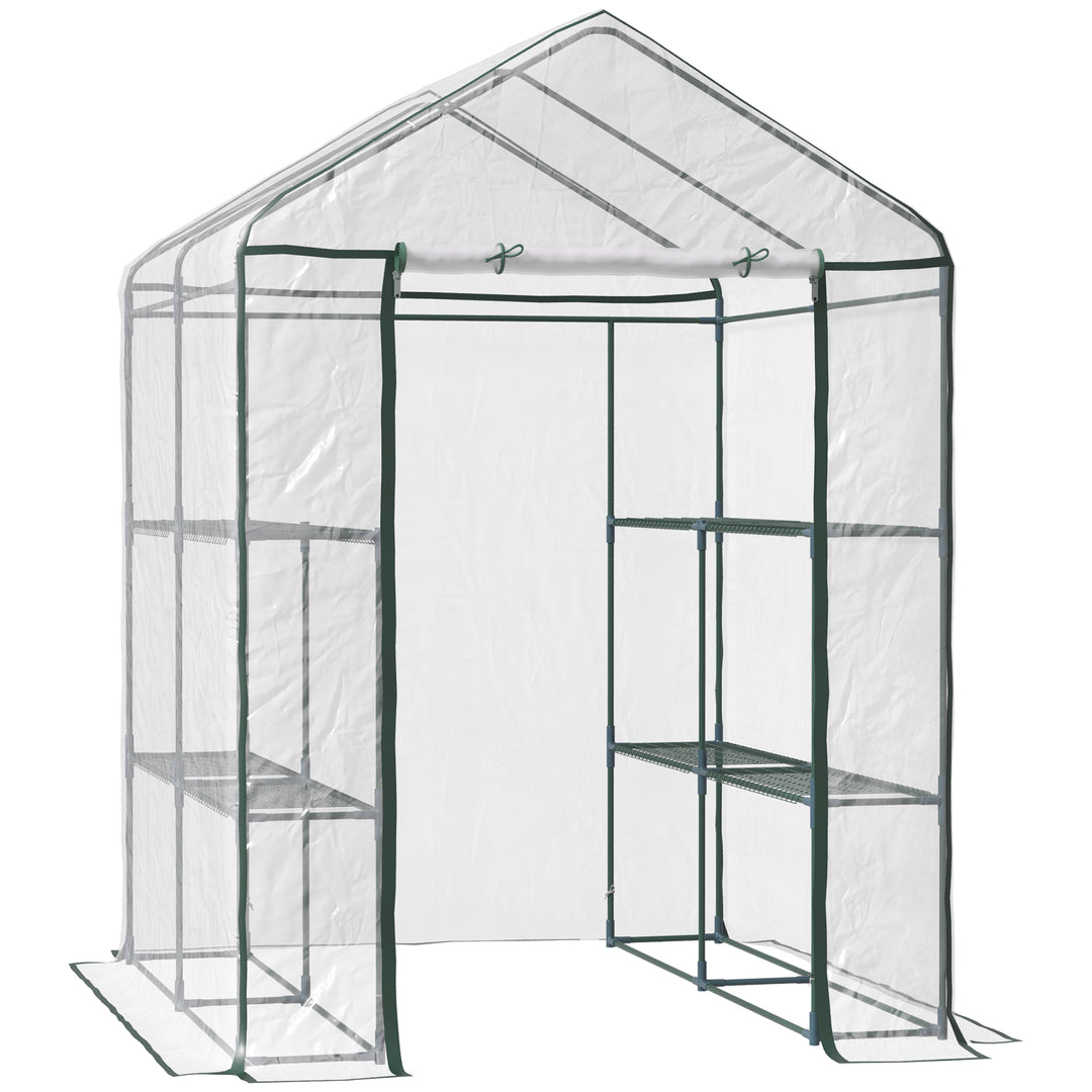 MCL Walk in Greenhouse with 3-Tier 8 Shelves, Green House with Hemmed Cover, Roll-up Zipped Door, Steel Frame, 143 x 143 x 195cm