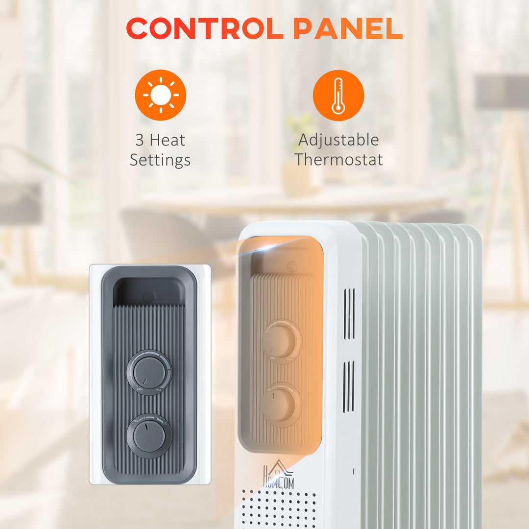 MCL 2000W Oil Filled Radiator, 9 Fin, Portable Electric Heater with 3 Heat Settings, Safety Cut-Off and Wheels, White