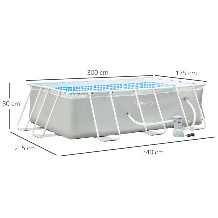 Outsunny Steel Frame Pool with Filter Pump, Outdoor Rectangular Frame Above Ground Swimming Pool, 340 x 215 x 80 cm, Light Grey