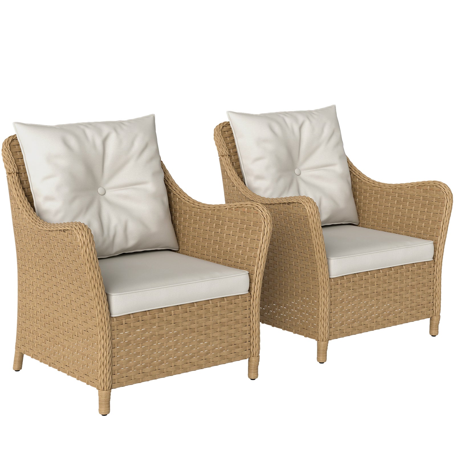 Rattan Garden Chairs Set of 2, Outdoor Rattan Chairs with Cushions, Armrests and High Back, PE Wicker Garden Armchair with Steel Frame for Balcony, Porch, Beige