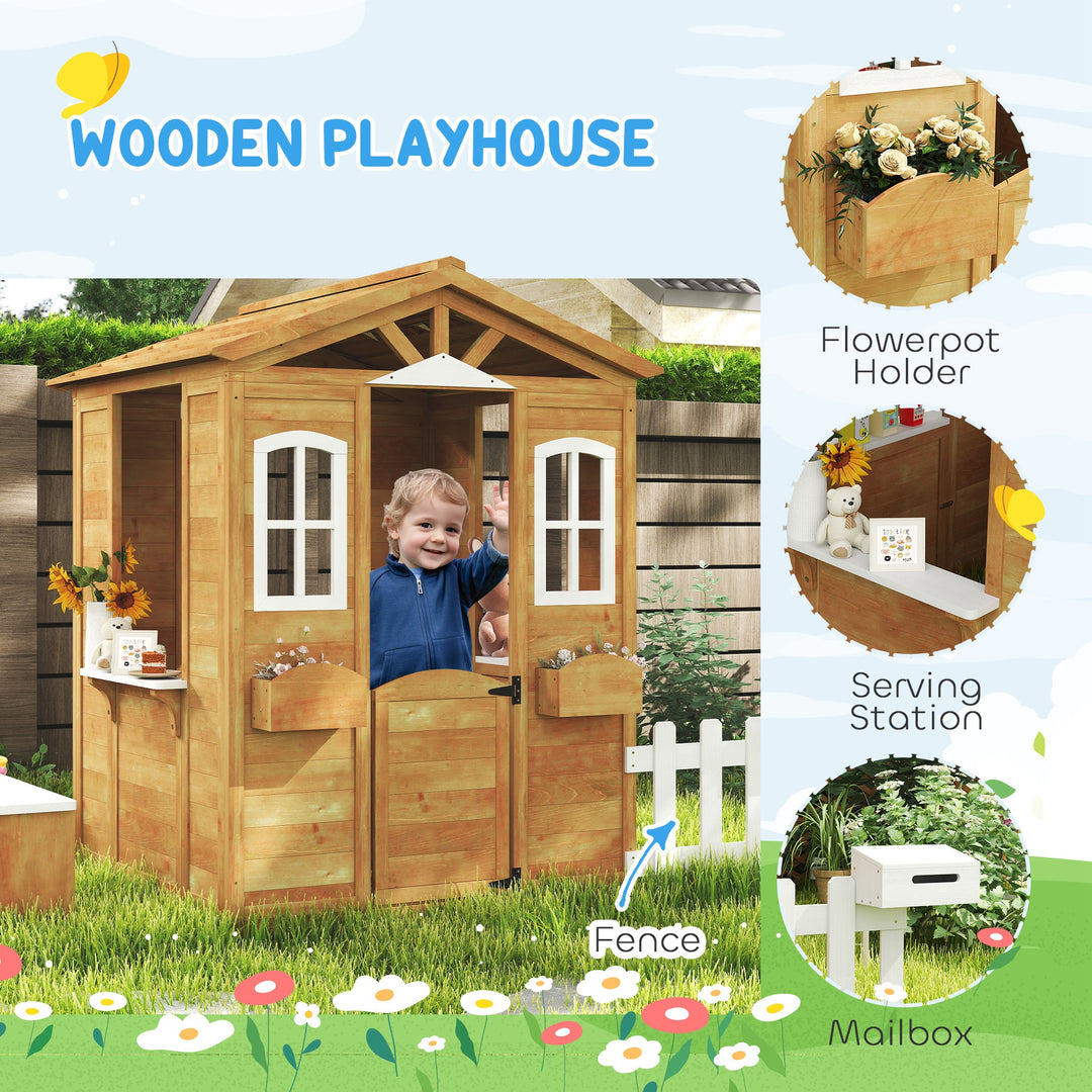 Wooden Playhouse for Kids with Door, Windows, Mailbox, Flower Pot Holder, Serving Station, Bench for Children, Yellow